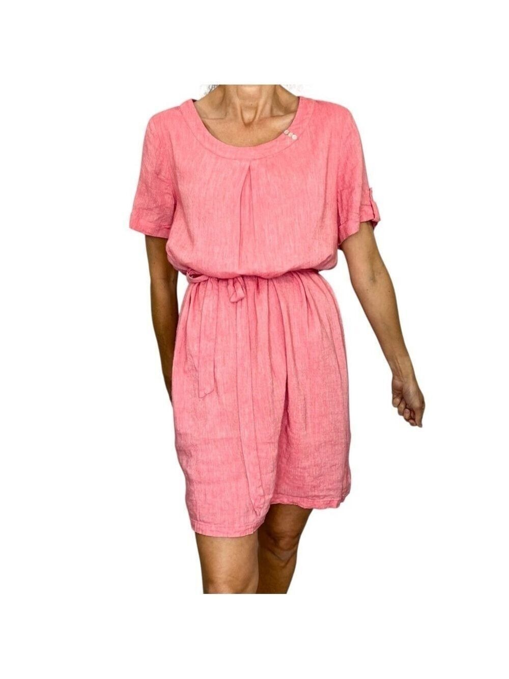 Damart France linen blend pink round neck short sleeve belted midi dress 14